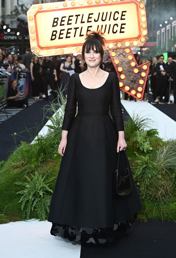 Winona Ryder in Prada wearing her signature 'Beetlejuice Beetlejuice' London Premiere